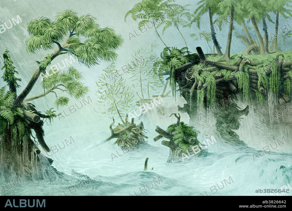 Colour enhanced illustration of a Carboniferous landscape, the fifth period of the Palaeozoic Era, spanning from about 355 million years to about 295 million years ago, by Franz Unger, 1916. The rocks that formed during this time interval are known as the Carboniferous System; they include a wide variety of sedimentary, igneous, and metamorphic rocks. Sedimentary rocks in the lower portion of the Carboniferous are typically carbonates, such as limestones and dolostones, and locally some evaporites. The upper portions of the system are usually composed of cyclically repeated successions of sandstones, coals, shales, and thin limestones. The economic importance of the Carboniferous is evident in its name, which refers to coal, the important energy source that fuelled the industrialization of northwestern Europe in the early 1800s and led to the Carboniferous being one of the first geologic systems to be studied in detail.