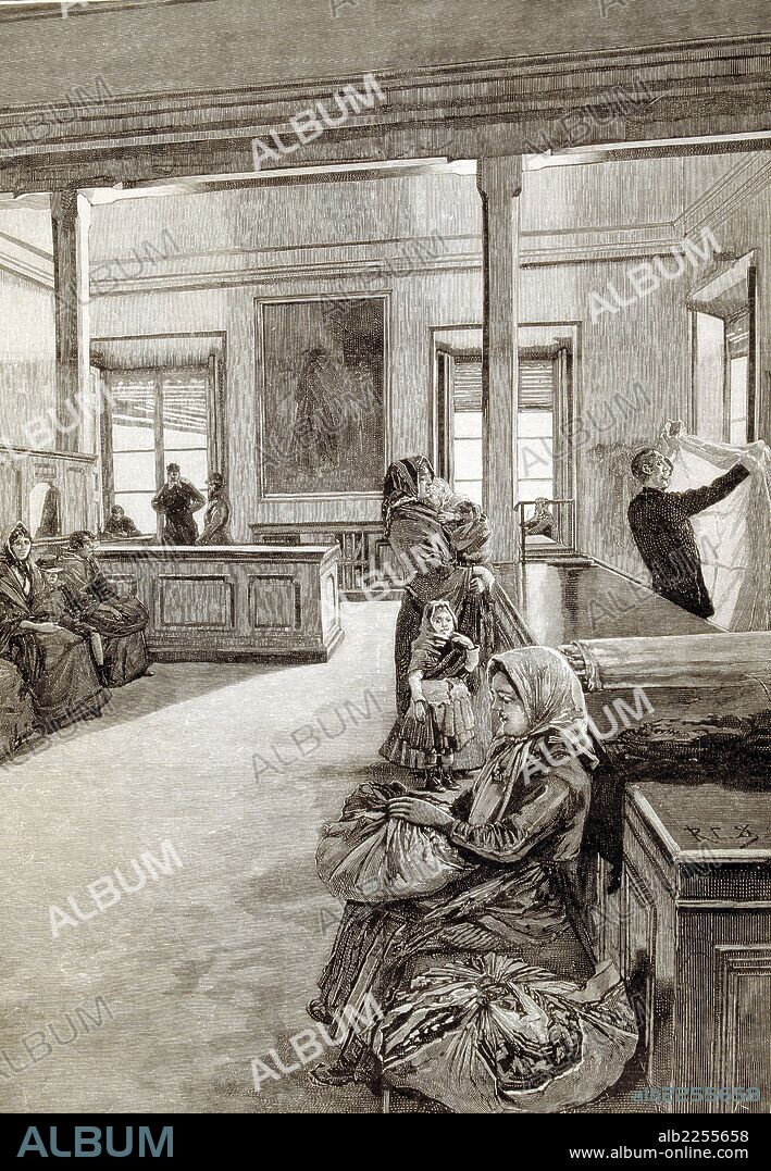 MADRID. EMPEÑO DE ROPAS Y EFECTOS EN EL MONTE DE PIEDAD. DIBUJO DE DIAQUE. GRABADO DE LA ILUSTRACION ESPAÑOLA Y AMERICANA , AÑO 1889.