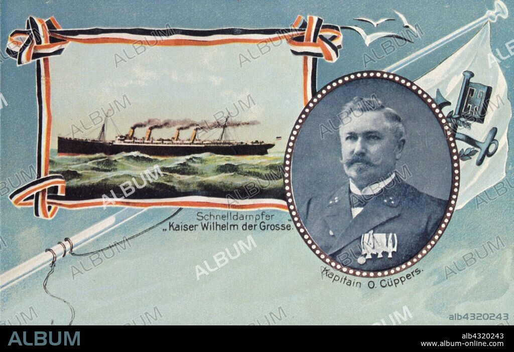The SS 'Kaiser Wilhelm der Grosse' and Captain Otto Cuppers, c1905. Passenger liner of the North German Lloyd (Norddeutscher Lloyd) shipping line, 14,349 tons, 627 feet long, 66 feet wide, twin-screw and could steam 22 1/2 knots. The Kaiser Wilhelm was named after the German Emperor, Kaiser Wilhelm I, and launched in 1897. A fire on board killed 100 crew while she was in port at Hoboken, New Jersey, USA, in 1900. She was converted into an auxiliary cruiser and exploded after an encounter with a British ship during the First World War. Postcard.