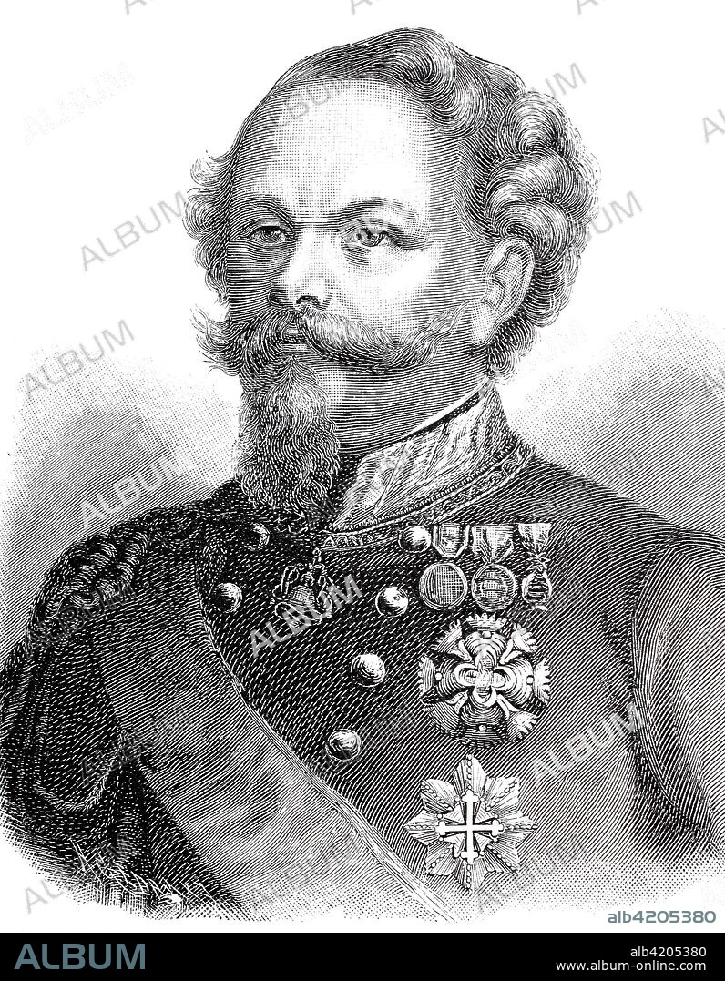 Viktor Emanuel II, full name Vittorio Emanuele Maria Alberto Eugenio Ferdinando Tommaso di Savoia, March 14, 1820 - January 9, 1878, was King of Sardinia-Piedmont from 1849 to 1861, digital improved reproduction of an original print from the 19th century.