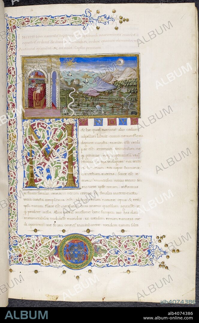 Miniature in colours and gold showing Pliny writing in his study and a landscape with animals, rivers, the sea, sun and moon; text with a decorative initial 'M', and decorated borders with a coat of arms. Historia naturalis. Italy, Central (Rome); c. 1457-1458. Source: Harley 2677, f.1. Language: Latin.