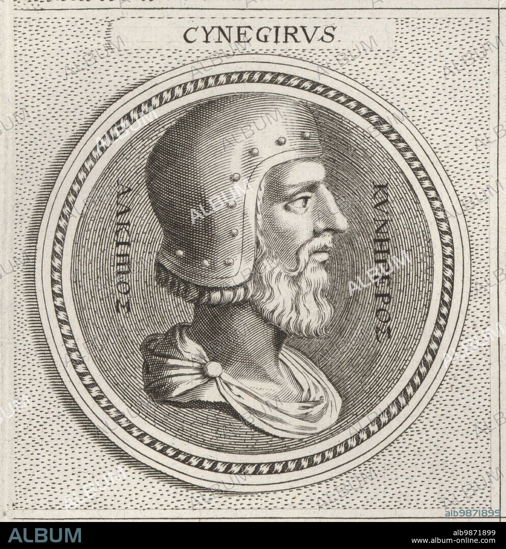 Cynaegirus, ancient Greek warrior, died at the Battle of Marathon in 490 BC. Brother to playwrights Aeschylus and Ameinias, and Philopatho. Bearded man in helmet. Cynegirus. Copperplate engraving after an illustration by Joachim von Sandrart from his LAcademia Todesca, della Architectura, Scultura & Pittura, oder Teutsche Academie, der Edlen Bau- Bild- und Mahlerey-Kunste, German Academy of Architecture, Sculpture and Painting, Jacob von Sandrart, Nuremberg, 1675.