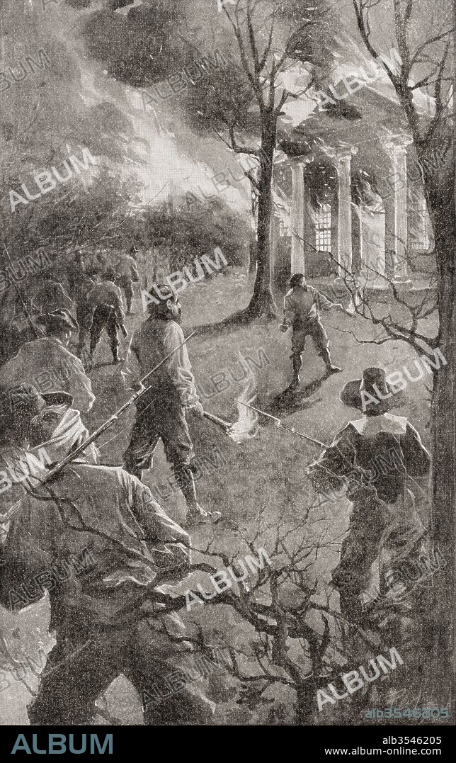 The burning of Jamestown, Colony of Virginia, America, during Bacon's Rebellion, an armed rebellion in 1676 by Virginia settlers led by Nathaniel Bacon against the rule of Governor William Berkeley. From The History of Our Country, published 1899.