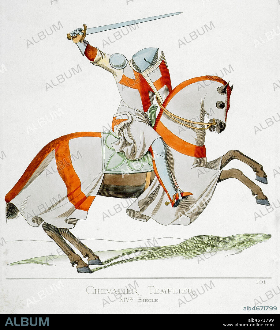 'Chevalier templier au XIVeme siecle'. Gravure tiree de l'ouvrage Costumes historiques des XIIe , XIIIe, XIVe et XVe siecles dessines publie en 1861 et illustre par Paul MERCURI. Credit : Collection KHARBINE-TAPABOR.
