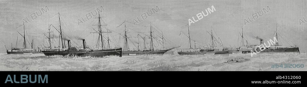 Marina de Guerra de la República Argentina. De izquierda a derecha: 6-Acorazado "El Plata", 5-Aviso "Rosetti", 4-Corbeta "Uruguay", 3-Cañonero "República", 2-Cañonero "Pilcomayo" y 1-Lanza-torpedos "Maipú". Grabado. La Ilustración Española y Americana, 22 de julio de 1883. Grabado, 22 de julio de 1883.