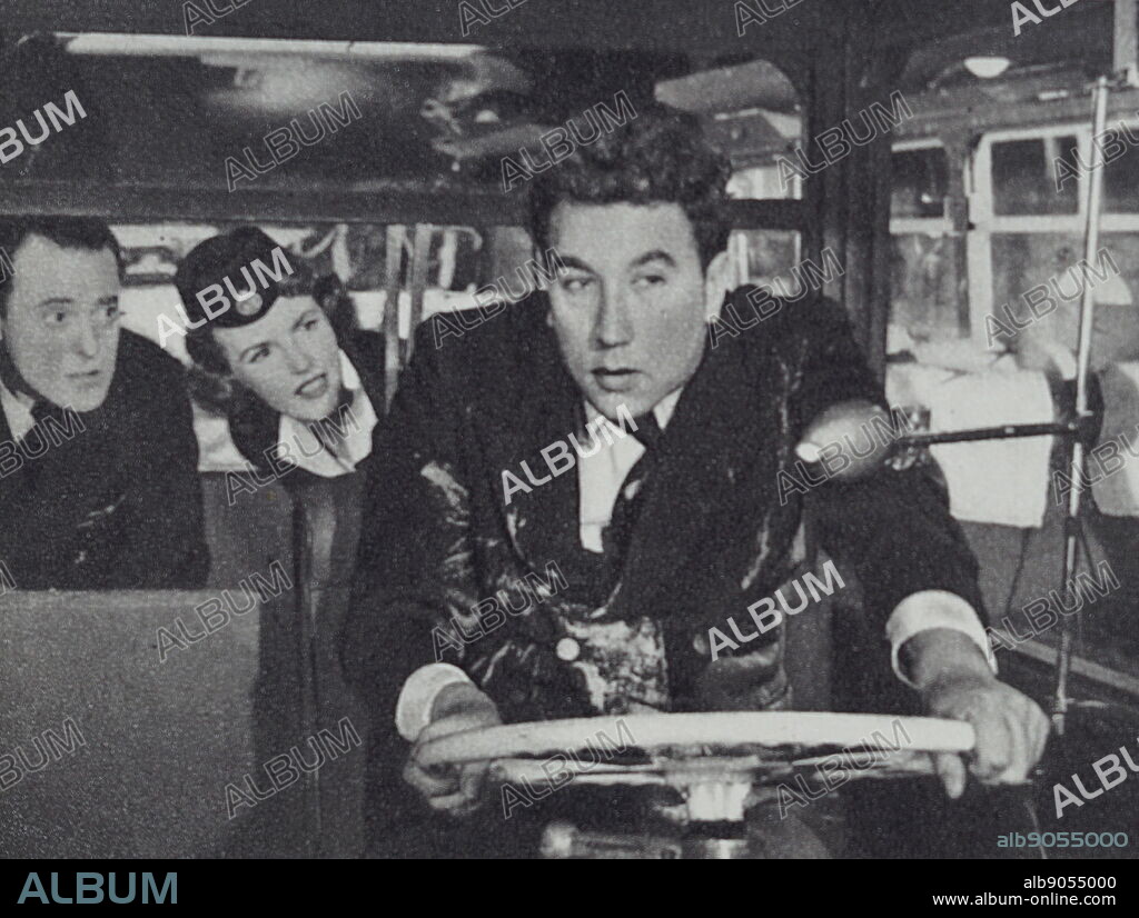 Film still from 'The Runaway Bus' starring Petula Clark, Margaret Rutherford, Frankie Howard, and George Coulouris.