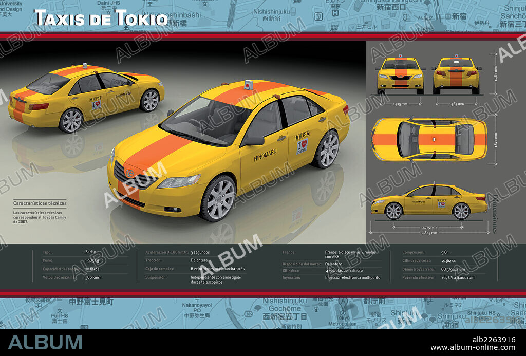 Taxis de Tokio. Infografía de las características técnicas del Toyota Camry de 2007, modelo usado como taxi en Tokio.