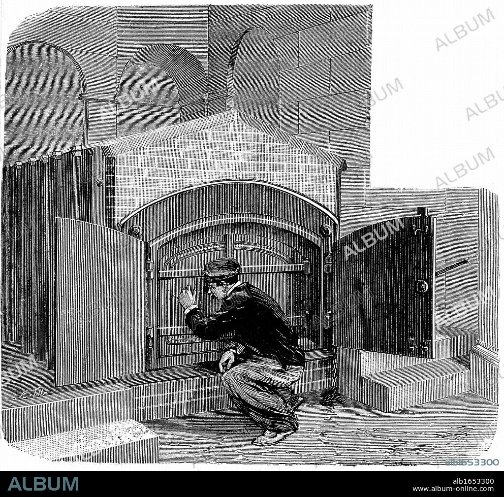Cremation: furnace of the type to be installed in the Pere la Chaise crematorium, Paris, France.  Illustration published in 1888 while the building was under construction. Engraving.