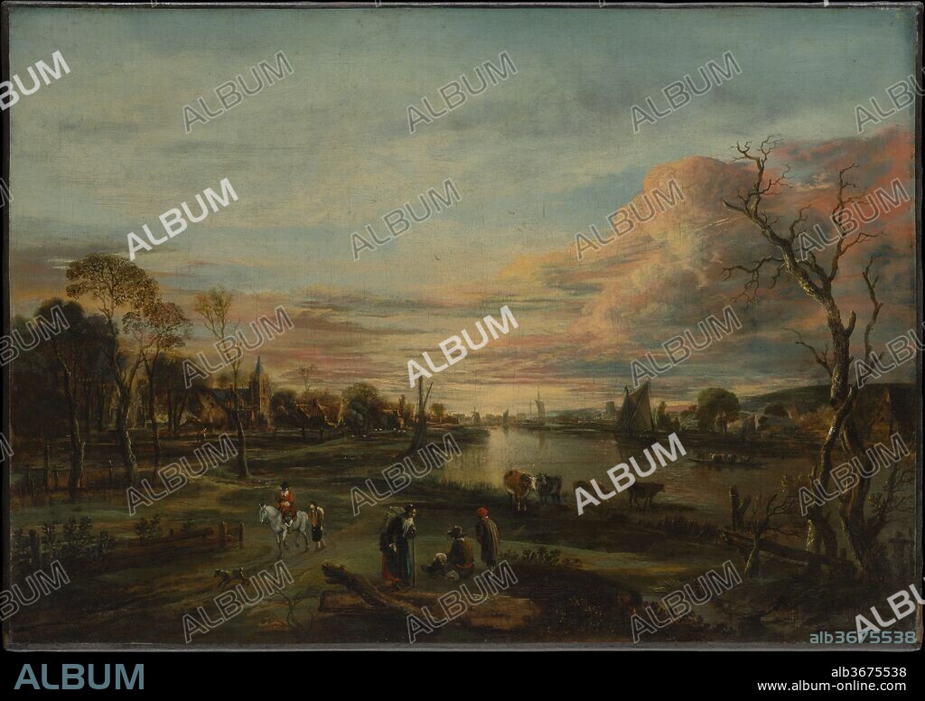 Landscape at Sunset. Artist: Aert van der Neer (Dutch, Gorinchem 1603/4-1677 Amsterdam). Dimensions: 20 x 28 1/8 in. (50.8 x 71.4 cm). Date: 1650s.
A keen eye for effects of light distinguishes the landscape paintings of Aert van der Neer. Here, the artist turned his attention to the sun setting over a river, with brilliantly illuminated pink and yellow clouds casting their reflections onto the water below. In the foreground, wayfarers of various social classes move along a serpentine road that draws the eye back toward a village in the distance. In its coloration and anecdotal detail, the painting reveals Van der Neer's awareness of landscapes by such Flemish contemporaries as Jan Brueghel the Elder and Peter Paul Rubens.