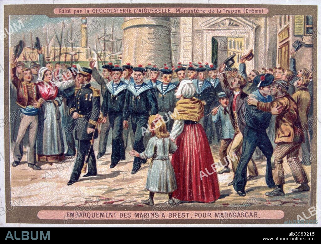 'Embarkation of the Marines at Brest for Madagascar', 1883. France invaded Madagascar in 1883 in what became known as the first Franco-Hova War (Hova being the name of the island's Merina aristocrats), seeking to restore property that had been confiscated from French residents. Prior to the French intervention Madagascar was an independent kingdom ruled by the Merina dynasty, but by the end of the Second Franco-Hova War in 1896 France ruled the island as a protectorate, the monarchy had been abolished and the royal family exiled to Algeria.