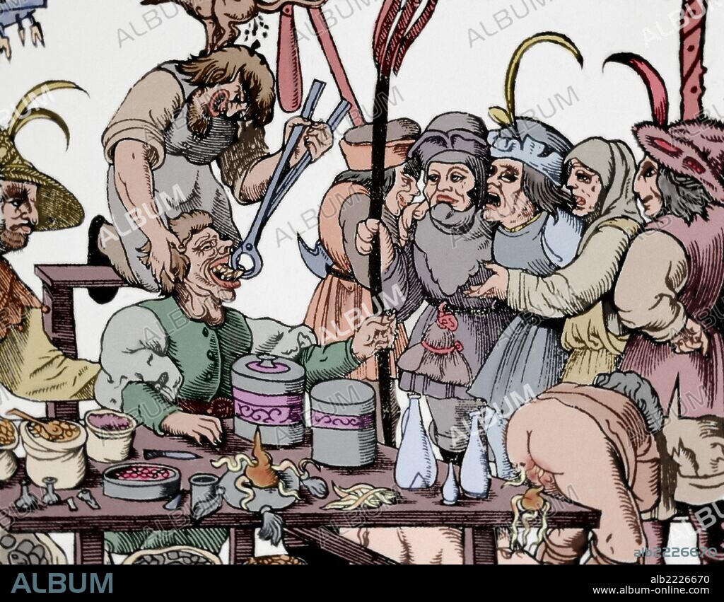 HISTORIA DE LA MEDICINA. EDAD MEDIA. Sátira de un "SACAMUELAS". Grabado coloreado de la colección de una obra cómica y bufa del siglo XII.