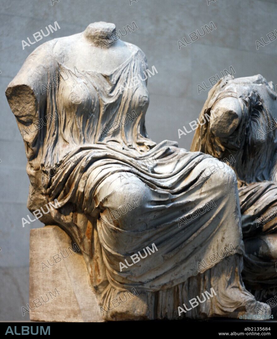 Statue of a seated woman about to rise. Greek. Possibly Hestia, Goddess of the hearth. From the East Pediment of the Parthenon, Athens. (Photo by: Universal History Archive/UIG via Getty Images).