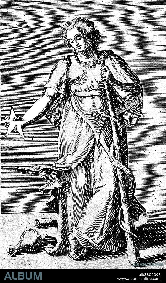 Hygeia holding a pentangle and a staff encircled by a snake. In Greek and Roman mythology, Hygeia was a daughter of the god of medicine, Asclepius. She was the goddess (personification) of health, cleanliness and sanitation. Hygieia played an important part in her father's cult. While her father was more directly associated with healing, she was associated with the prevention of sickness and the continuation of good health. Her name is the source of the word "hygiene". She was imported by the Romans as the Goddess Valetudo, the goddess of personal health, but in time she started to be increasingly identified with the ancient Italian goddess of social welfare, Salus.