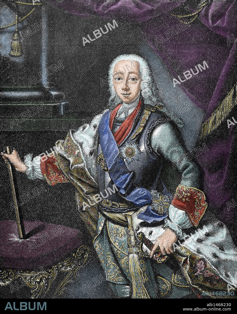 PEDRO III DE RUSIA (Kiel,1728-castillo de Ropsa, 1762). Duque de Holstein (Carlos Pedro Ulrico, 1739-1762) y zar de Rusia (enero-julio 1762). Débil mental, fue depuesto por un grupo de nobles en connivencia con su esposa, siendo proclamada emperatriz con el nombre de Catalina II (julio), y Pedro abdicó sin apenas resistencia. A los pocos días (17 de julio) fue asesinado. Grabado coloreado.