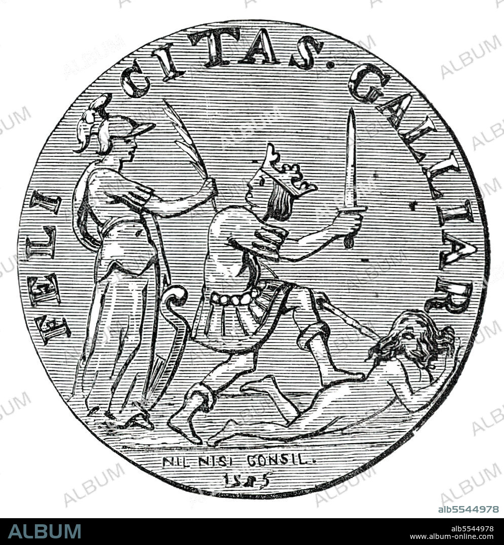 UNKNOWN. The "Massacre of St. Bartholomew" Medal, 1850. Gold medal '..struck by order of the Sacred Convocation of Prelates, held at Bayonne, in 1565, in commemoration of the massacre of St. Bartholomew, and the resolution of the Convocation further to exterminate heresy by the sword throughout Christendom. The crowned figure in the centre represents Charles IX. preparing to destroy Heresy, which lies chained at his feet, while the Queen Mother, Catherine de Medicis, at whose instigation that fearful butchery was perpetrated, appears as Minerva, her favourite impersonation, and offers the alternative of conversion: to her likewise refers the legend at the foot of the medal, "Nil nisi consil", so often to be observed on French coins of that date. The...illustration is taken from Mezeray's work...'. From "Illustrated London News", 1850.
