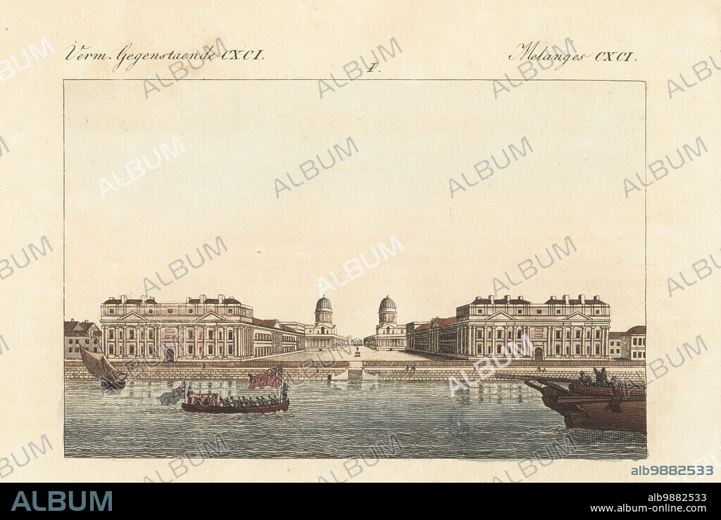 View of Greenwich Hospital from the River Thames, London. Home for retired sailors of the Royal Navy from 1692 to 1869 designed by architects Sir Christopher Wren and Nicholas Hawksmoor. L'Hopital de Greenwich. Handcoloured copperplate engraving from Carl Bertuch's Bilderbuch fur Kinder (Picture Book for Children), Weimar, 1813. A 12-volume encyclopedia for children illustrated with almost 1,200 engraved plates on natural history, science, costume, mythology, etc., published from 1790-1830.
