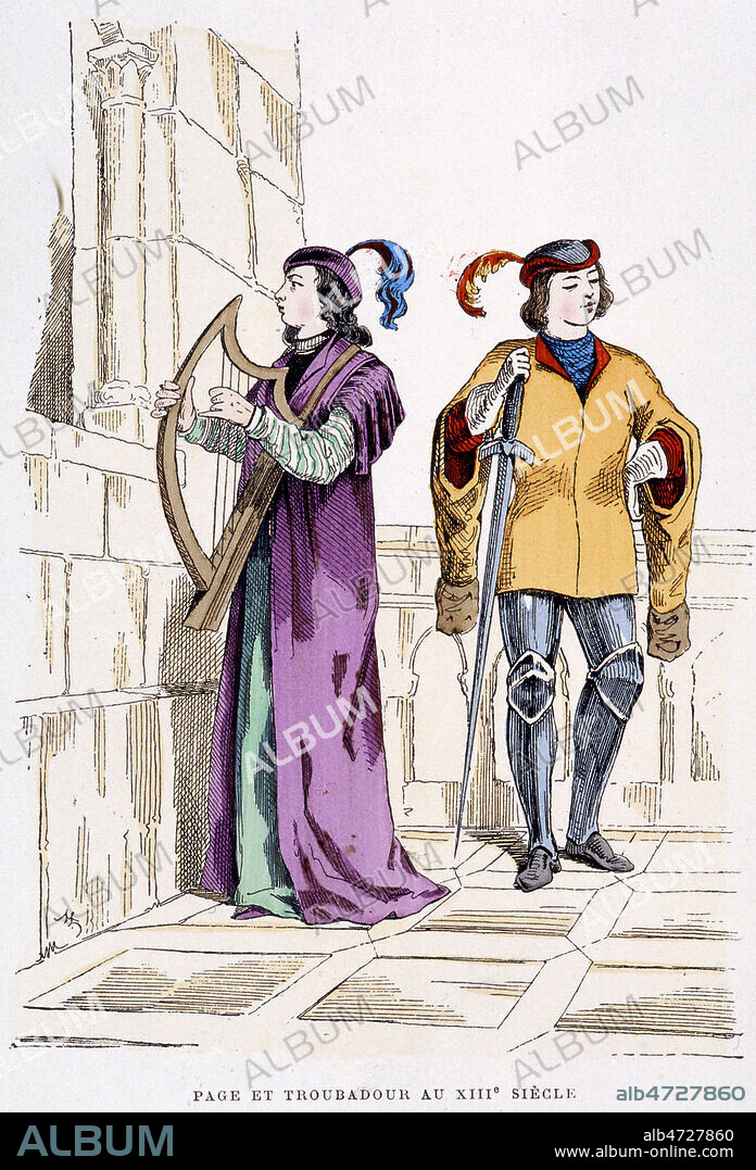 'Page et troubadour au XIIIe siecle'. Illustration tiree de l'ouvrage 'Costume civils et militaires', publie a la fin du 19eme s. Credit : Collection Grob/KHARBINE-TAPABOR.