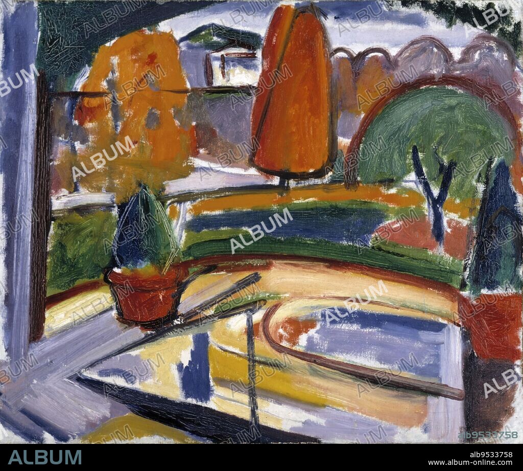 CARL NEWMAN. Landscape with Pond--Newman's Yard. Oil on canvas mounted on fiberboard. Date: ca. 1915-1932.
