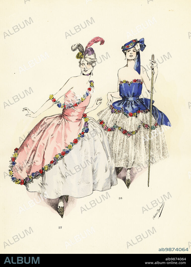 Women in fancy dress costumes as Madame Pompadour and Marie Antoinette.  Pompadour style in Nattier blue and pink satin, garlands of colourful silk  roses 25. Marie Antoinet - Album alb9874064