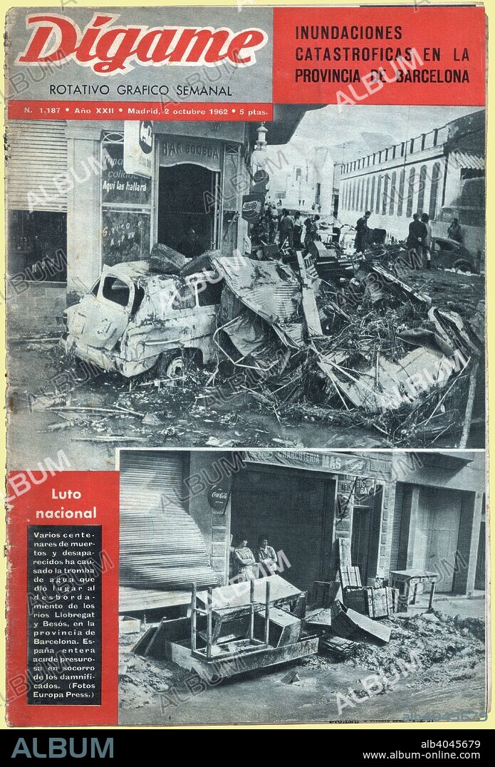 Portada del semanario gráfico Dígame, editado en Madrid, octubre de 1962. Información en portada sobre las inundaciones en la comarca del Vallés, de Barcelona.