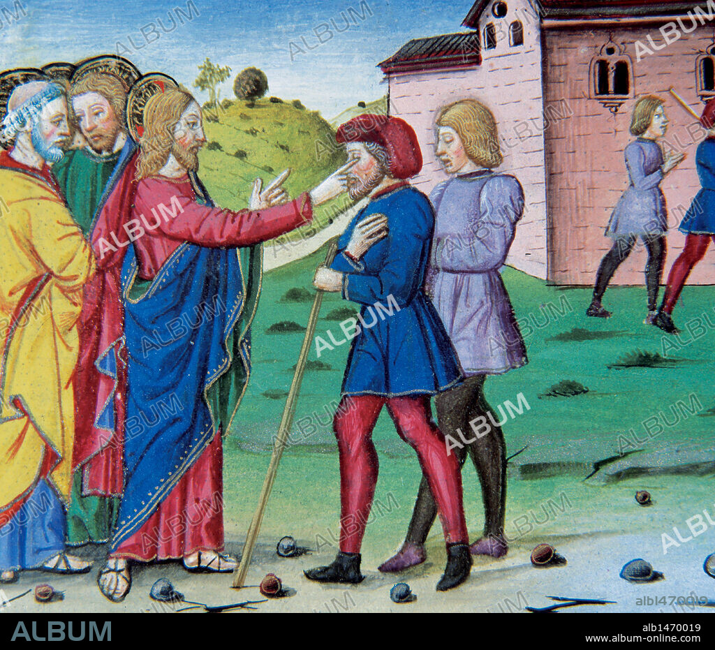 "JESUS CURANDO A DOS CIEGOS". Miniatura del Códice de Predis. S. XV. Biblioteca Real. Turín. Italia.