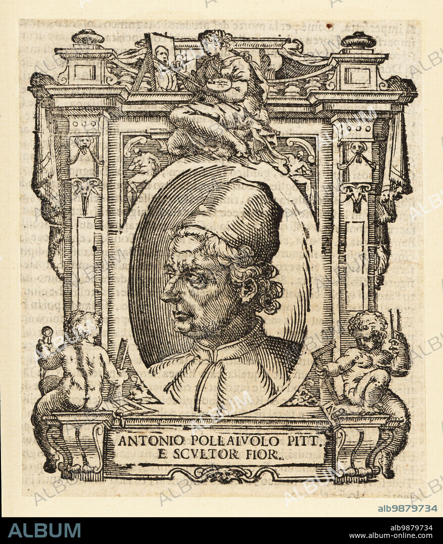 Portrait of Antonio del Pollaiuolo, Italian painter, sculptor, engraver and goldsmith of the Renaissance from Florence, c.1429-1498. Antonio Pollaivolo Pitt. e Scvltor Fior. Woodcut from Giorgio Vasaris Le vite de piu eccellenti pittori, scultori, et architettori, The Lives of the Most Excellent Painters, Sculptors and Architects, Florence, 1678.