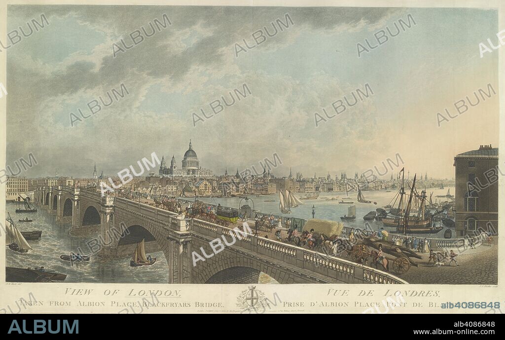 JOSEPH C STADLER. A view of London across the Thames from Albion Place, with Blackfriars Bridge in the foreground and St. Paul's in the distance; numerous carriages, horses and people can be seen crossing the bridge, including an omnibus on six wheels and a cart dragging a tree trunk. VIEW OF LONDON, TAKEN FROM ALBION PLACE, BLACKFRYARS BRIDGE. London : Publish'd May 2 1802, by the Proprietor, N.R. BLACK, at the Engraver's No.15, Villiers Street, Strand, [May 2 1802]. Aquatint and etching with hand-colouring. Source: Maps K.Top.21.61.2. Language: English and French.