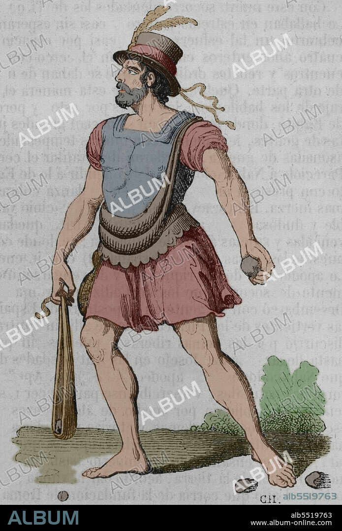 Historia antigua. Honderos baleáricos. Guerreros mercenarios armados con hondas al servicio de los ejércitos romanos y cartagineses. Hondero mallorquín. Grabado coloreado. Historia General de España por el Padre Mariana. Madrid, 1852.