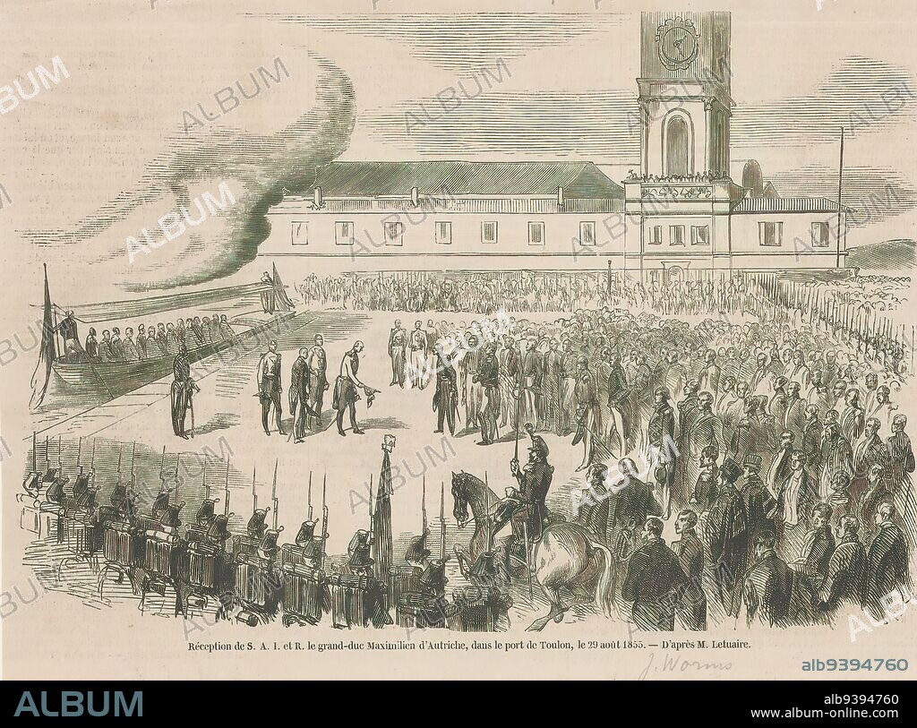 Reception of Archduke Maximilian at Toulon, 1855, Réception de S.A.I. et R. le grand-duc Maximilien d'Autriche, dans le port de Toulon, le 29 août 1855 (title on object), Reception of Archduke Maximilian at the port of Toulon, August 29, 1855., print maker: Jules Worms, 1855, paper, height 187 mm × width 247 mm.