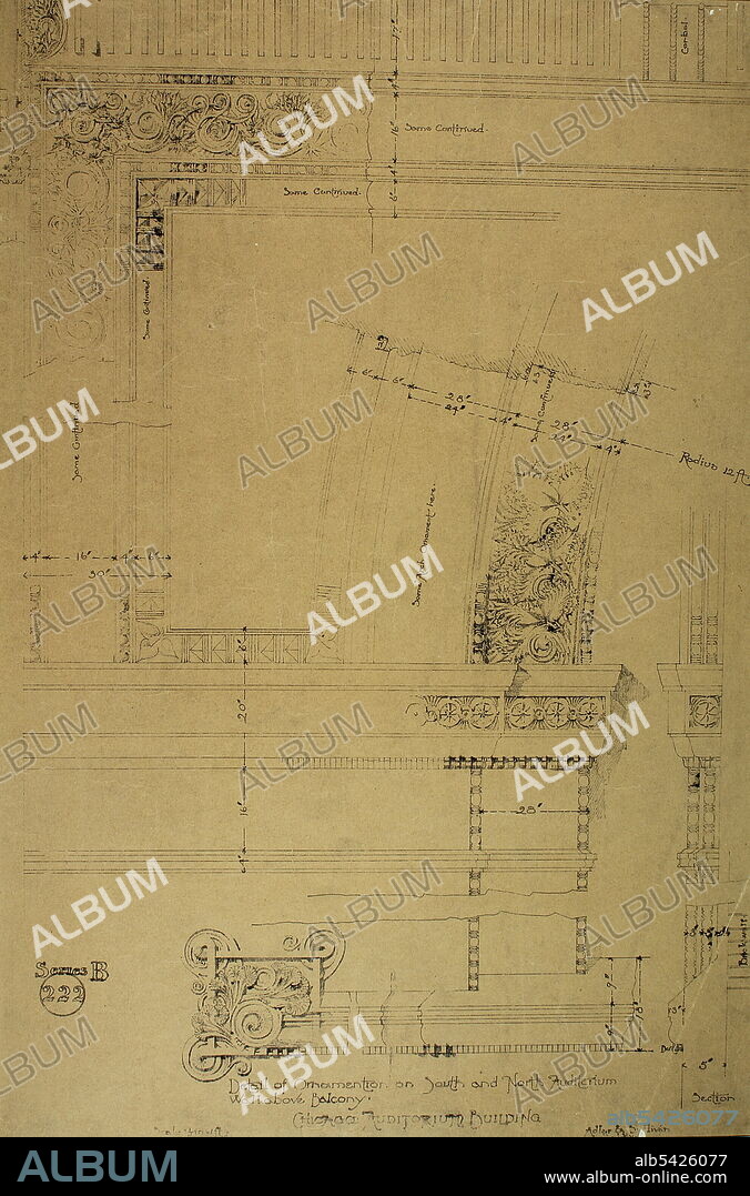 ADLER & SULLIVAN. Auditorium Building, Chicago, Illinois, Plaster Details for Balcony, c. 1887.