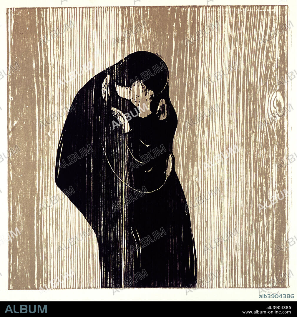 EDVARD MUNCH. Kiss. Date/Period: 1902. Woodcut. 47 × 77 cm (18.5 × 30.3 in).