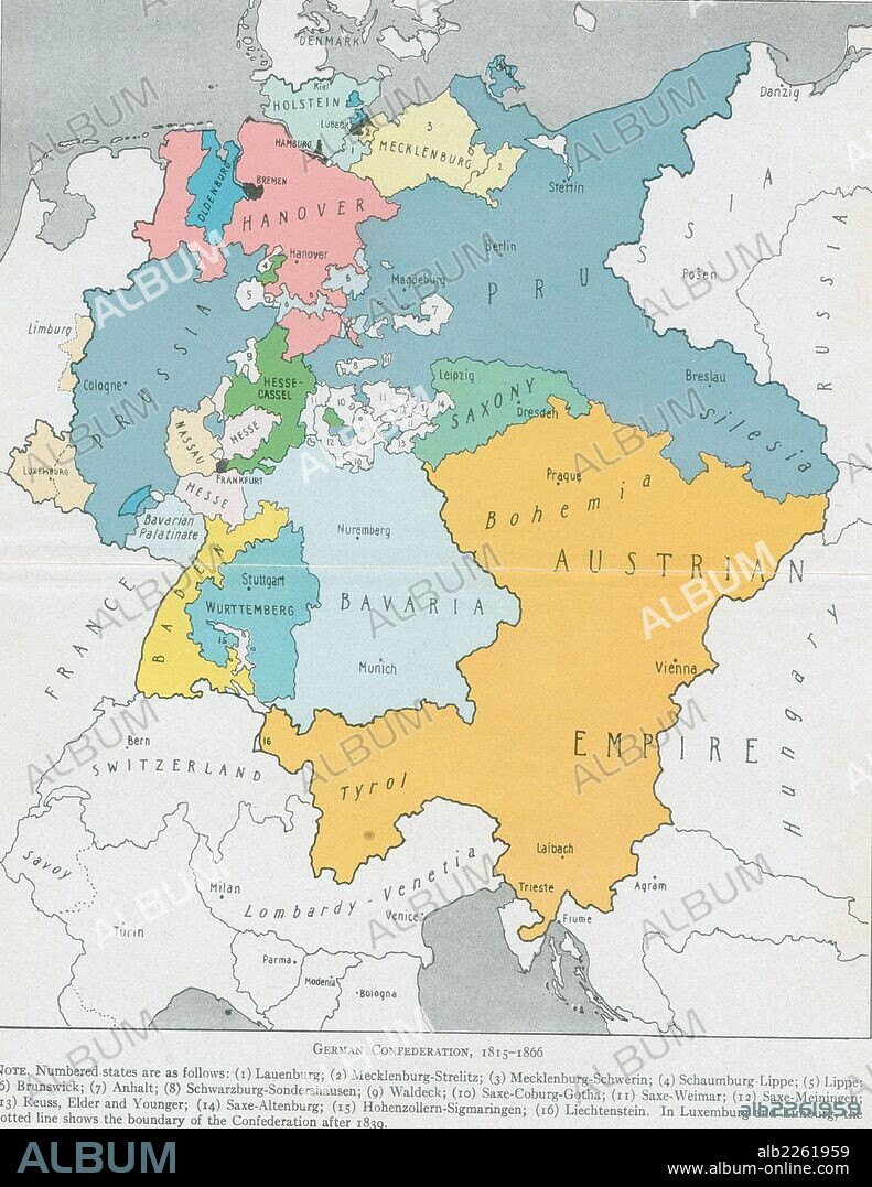The German Confederation 1815 - 1866 (Deutscher Bund). The dominant states are Austria (yellow) and Prussia (blue).