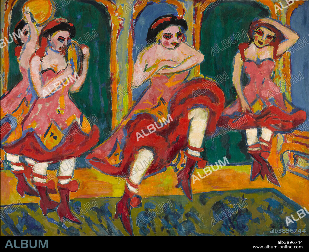 ERNST LUDWIG KIRCHNER. Czardas dancers. Date/Period: 1908: first state. Kirchner antedated this work later to 1905. - 1920: second state. Painting. Oil on canvas wooden frame, golden coloured. Height: 1,722 mm (67.79 in); Width: 2,232 mm (87.87 in).