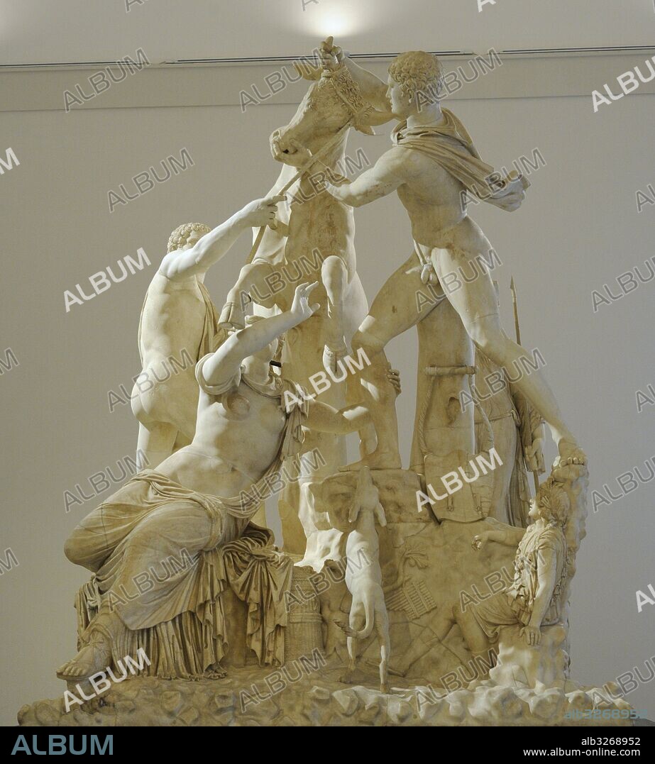 Toro Farnesio. La mayor escultura en bulto redondo de la antigüedad Clásica, obra de Apolonio de Atenas, 130 A. C. Epoca Helénica. Representa el suplicio de Dirce. Hallada en las Termas de Caracalla, Roma. Versión romana tardía. Colección Farnese. Museo Arqueológico Nacional. Nápoles. Italia.