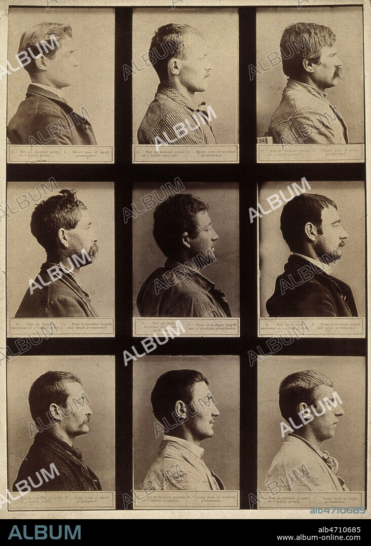 Identite judiciaire : planche de 9 portraits anthropometriques, de profil droit. Photographie fin 19eme s. tiree des archives de la Prefecture de Police. Credit : Collection JEAN VIGNE/KHARBINE-TAPABOR.