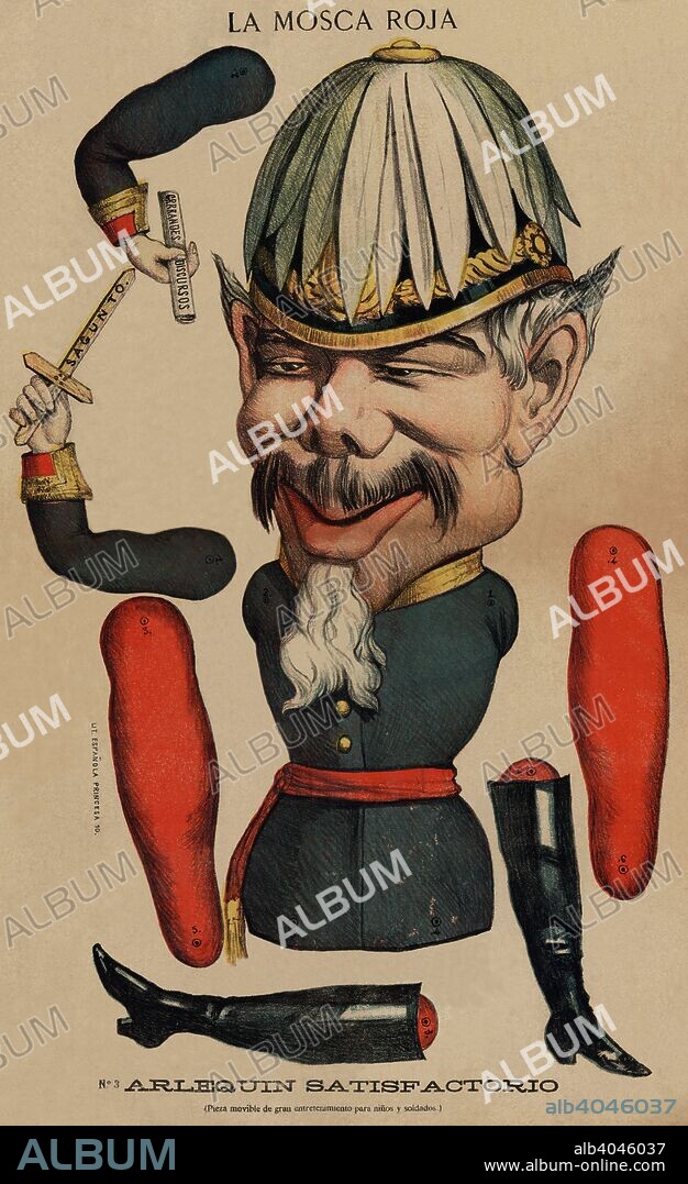 Caricatura de Arsenio Martínez Campos Antón (1831-1900), militar y político español, autor del pronunciamiento de Sagunto que provocó la restauración de la monarquía bónica. Ilustración satírico política publicada en La Mosca Roja, septiembre de 1883. arlequin.