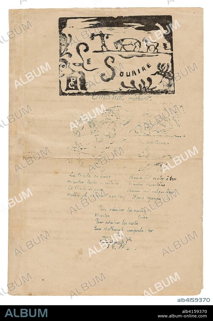 Le sourire: Journal méchant, Feb. 1900. Paul Gauguin; French, 1848-1903. Date: 1900. Dimensions: 374 × 509 mm (full sheet); 374 × 256 mm (folded sheet); 103 × 149 mm (headpiece). Mimeograph in brownish-black ink, with wood-block print in black ink, on cream wove paper. Origin: France.