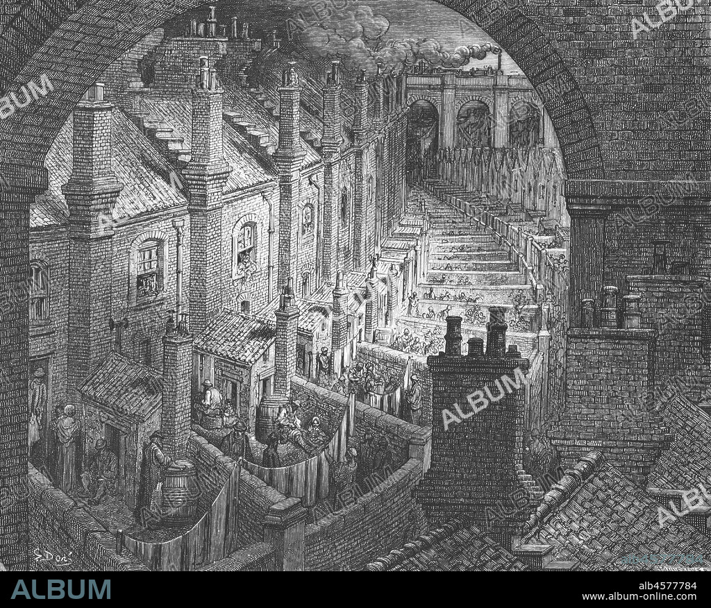 PAUL GUSTAVE DORÉ. 'Over London-By Rail', 1872. women hang washing in terraced backyards under rail arches in London. From, "LONDON. A Pilgrimage" by Gustave Dore and Blanchard Jerrold. [Grant and Co., 72-78, Turnmill Street, E.C., 1872].