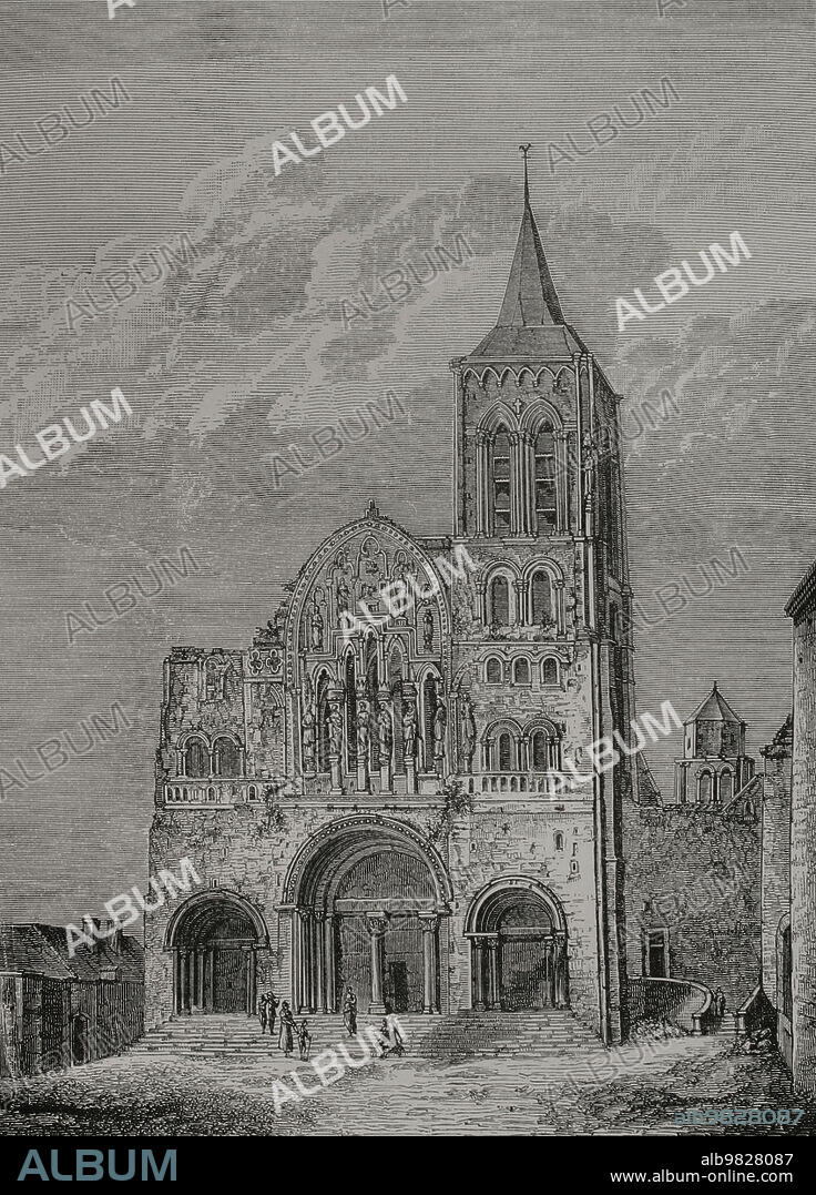 Francia. Fachada de la iglesia abacial de Santa Magdalena de Vézelay, desde la que en la Semana Santa de 1146 Bernardo de Claraval llamó a la Segunda Cruzada (1147-1149). Estado del templo en el momento de realizar el llamamiento. Actualmente Basílica de Vézelay o Basílica de Santa María Magdalena de Vézelay. Monasterio benedictino. Grabado. "Vie Militaire et Religieuse au Moyen Age et à l'Epoque de la Renaissance". París, 1877.