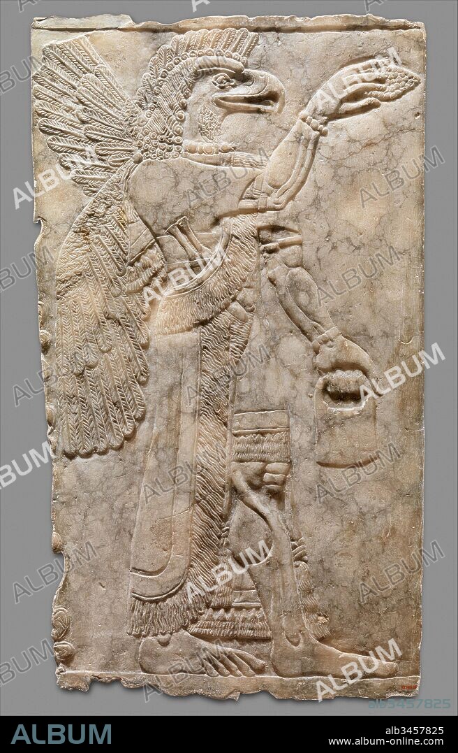 Relief panel, Neo-Assyrian, ca. 883–859 B.C., Mesopotamia, Nimrud (ancient Kalhu), Assyrian, Gypsum alabaster, 41 3/4 x 23 3/4 x 4 1/8 in. (106.1 x 60.3 x 10.5 cm), Stone-Reliefs-Inscribed, This panel from the Northwest Palace at Nimrud (ancient Kalhu) depicts a winged supernatural figure. Such figures appear throughout the palace, sometimes flanking either the figure of the Assyrian king or a stylized 'sacred tree.