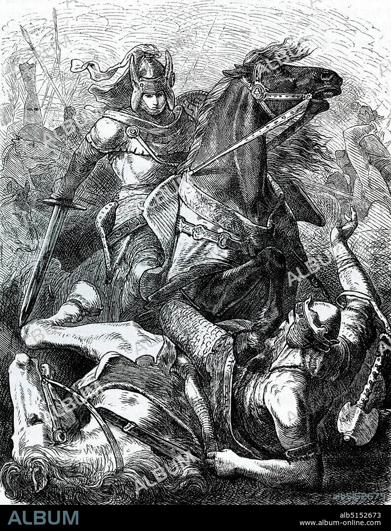Siegfried takes King Lüdegast prisoner, drawing by Hermann Vogel, historical illustration from Otto von Leixner: Illustrated History of German Literature. Leipzig and Berlin 1880, First volume