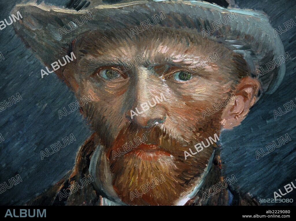 ARTE S. XIX. HOLANDA. VINCENT VAN GOGH (1853-1890). Pintor postimpresionista holandés. Autorretrato de Vincent van Gogh. Busto con chaqueta marrón y un sombrero gris, 1887. Óleo sobre cartón. Rijksmuseum. Amsterdam. Detalle.