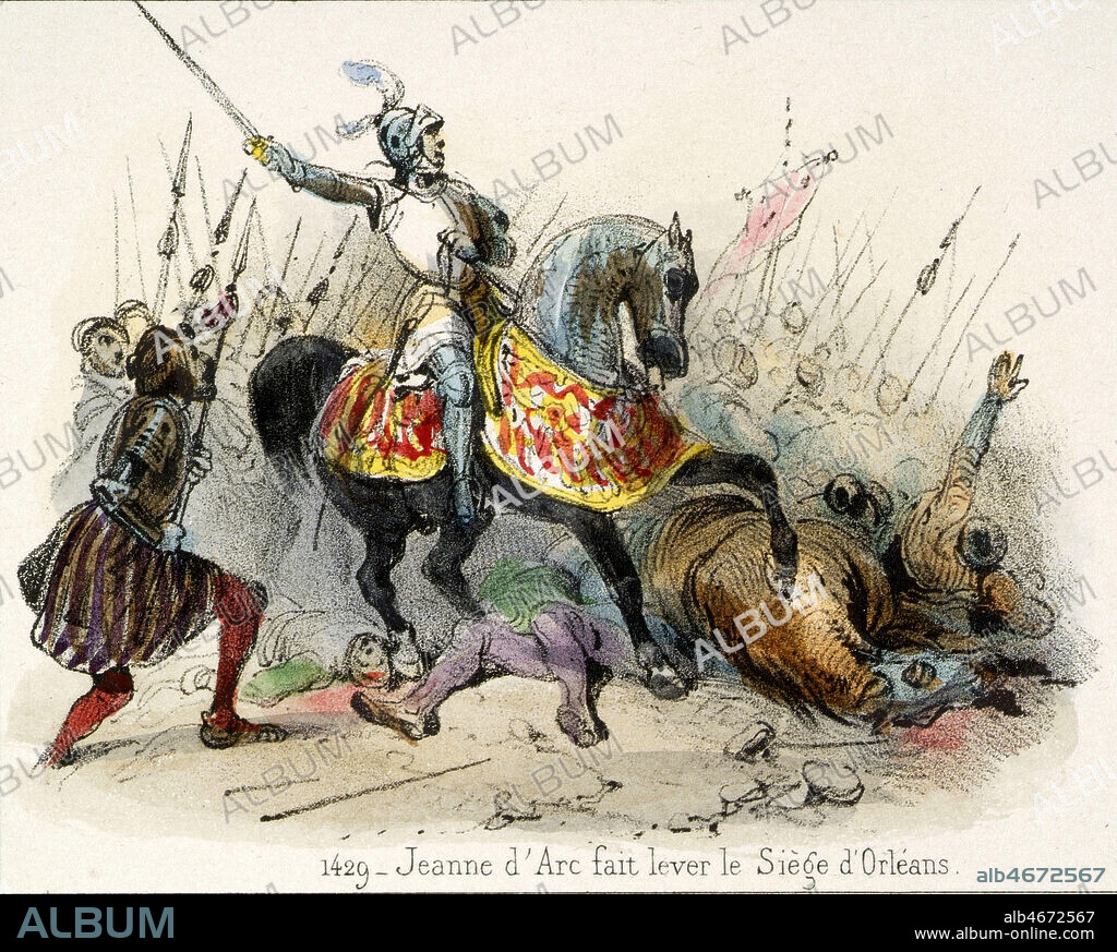 '1429 : JEANNE D'ARC (1412-1431) fait lever le siege d'Orleans'. Gravure de Victor ADAM (1801-1867) tiree de l'ouvrage Histoire de France en Tableaux publie en 1844. Credit : Collection Grob/KHARBINE-TAPABOR.