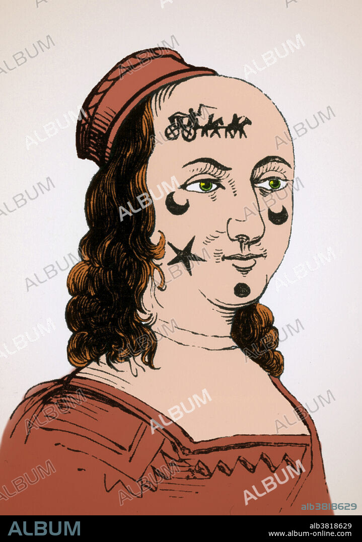 A 17th-century engraving of an extremely patched face. In the 1600s, it was in vogue for both women and men to paste black patches on their faces. Here the patches are in the shape of stars and moons and a carriage with horses. At first, the patches may have been used to cover pockmarks but soon were treated as beautiful adornments. Special boxes with mirrors were made to keep the black taffeta patches.