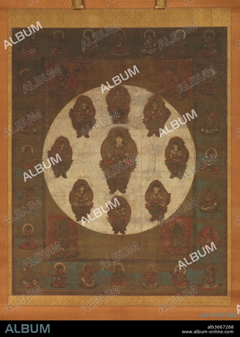 Mandala of Monju Bosatsu. Culture: Japan. Dimensions: 52 3/4 × 42 3/8 in. (134 × 107.6 cm)
Overall with mounting: 85 1/4 × 51 1/2 in. (216.5 × 130.8 cm)
Overall with knobs: 85 1/4 × 54 in. (216.5 × 137.2 cm). Date: 13th century.
At the center of this mandala, which was used in rites to prevent natural calamities, is an orb framing Monju Bosatsu (Sanskrit: Bodhisattva Manjushri) surrounded by eight tiny Sanskrit seed syllables and eight attendants, each on the lion mount associated with the bodhisattva. Seed syllables are derived from mantras (sacred Buddhist formulas) or, as in this case, the first syllable of a particular deity's Sanskrit name. Representing wisdom, Monju holds his identifying attributes: the sword and sutra. His hair, bundled in eight knots, symbolizes his childlike purity and detachment. The Four Guardians of the Buddhist Law protect the corners of the inner square, and the outer band is filled with his retinue of eight bodhisattvas and devas, superhuman beings in Buddhist cosmology.