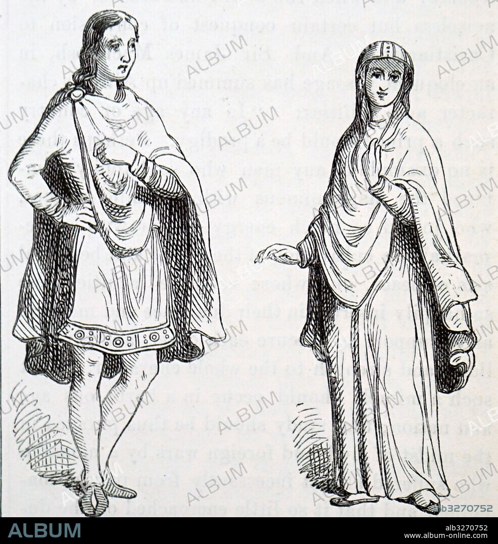 Engraving depicting typical fashion of a male and female Anglo-Saxon. Dated 5th Century.