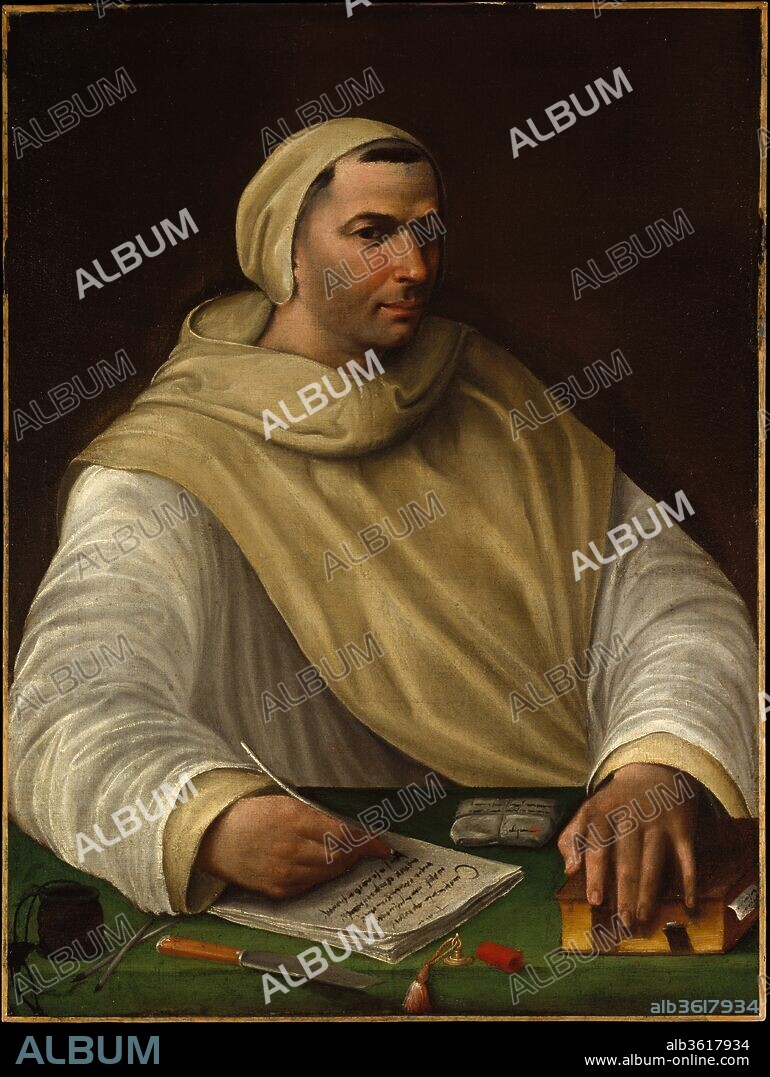 Portrait of an Olivetan Monk. Artist: Attributed to Baldassare Tommaso Peruzzi (Italian, Ancaiano 1481-1536 Rome). Dimensions: 38 1/4 x 28 5/8 in. (97.2 x 72.7 cm).
The sitter in this portrait is an Olivetan monk, a branch of the Benedictines. He is surrounded by his writing materials: ink well, quills, a scraping knife, a seal and red wax, as well as a packet of letters and a book closed with a clasp. Both the artist and the sitter are open to question. The artist may be the Sienese Baldassare Peruzzi (1481-1536), or the Venetian Battista Franco; both worked in Rome and were influenced by Raphael and Sebastiano del Piombo. The sitter must have been an important member of the order, and the names of two abbots have been suggested.