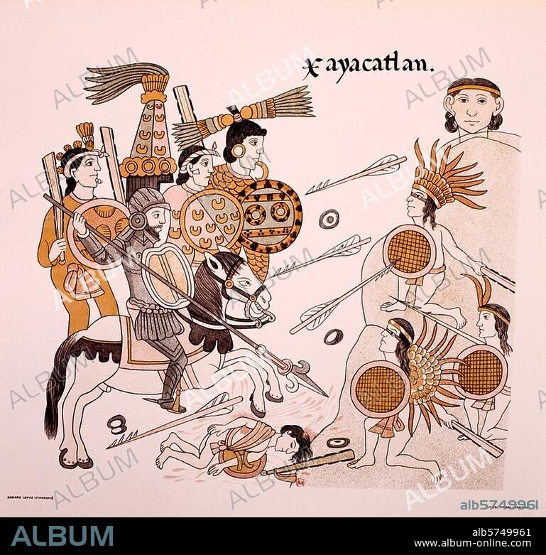 Histoire coloniale d'Amérique latine:. Conquête du Mexique par Hernando Cortez. 1519-21. "Xayacatlan". Lithographie, coul., d'ap. les caractères mexicains "Lienzo de Tlaxcala", date du milieu du 15ème siècle. Paris, Bibliothèque Nationale.