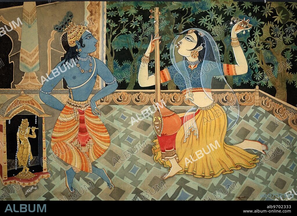 HAP-136870 : - Hinduism - Hindu art - Himalayan Academy art - India - Religion - Spirituality - Artist S. Rajam - Krishna - Radha - Vishnu - avatar - palace - singing - forest - music - sitar - Indian art - Hindu - art - religion - Hindu religion - Hindu belief.