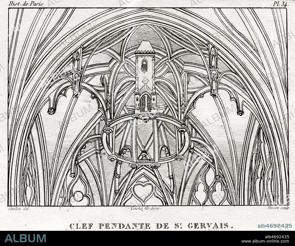 Clef pendante de (l'eglise) Saint-Gervais. Illustration de 1824 par Christophe CIVETON (1796-1831) pour Histoire Physique, civile et morale de Paris par Jacques Antoine DULAURE (1755-1835). Credit : Collection Jonas/Kharbine-Tapabor.